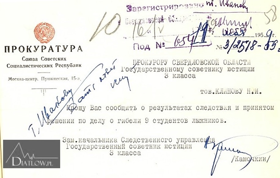 Tragedia na Przełęczy Diatłowa - telegram z Prokuratury Generalnej 